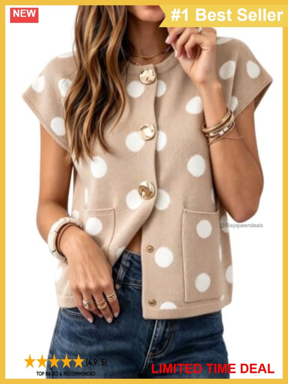 Polka Dot Cropped Knit Cap Sleeve Cardigan Sweater with Gold Buttons